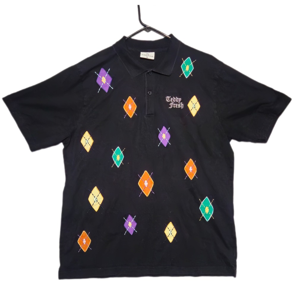 Teddy Fresh Mens Polo Shirt XL Black Argyle Embroidered Short Sleeve Cotton